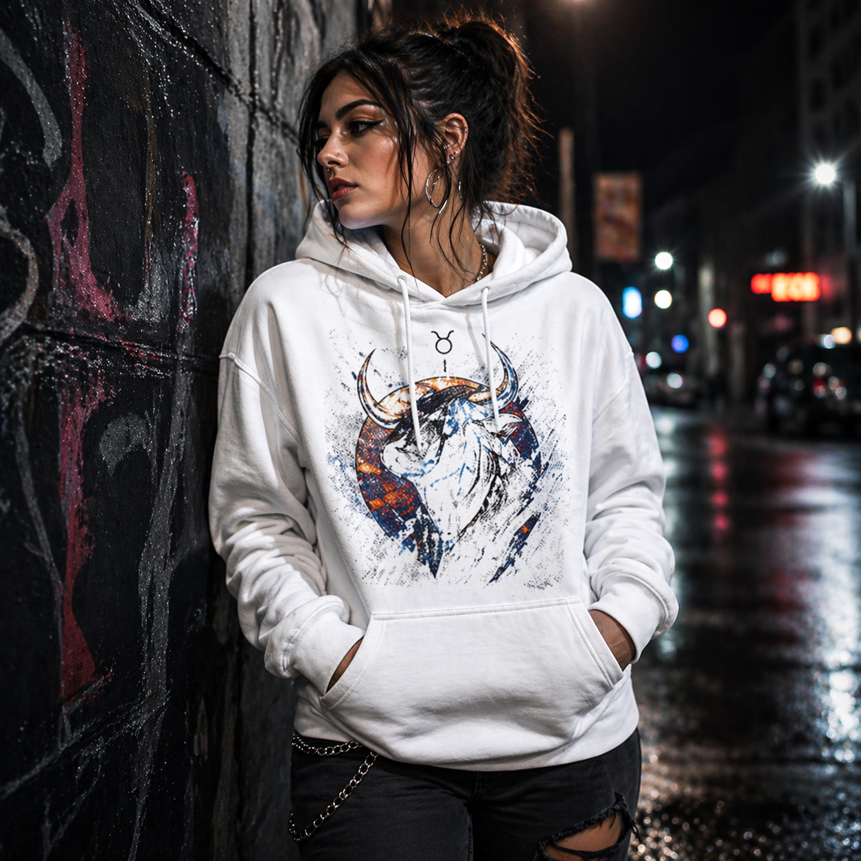 hoodie blanco tauro mujer estilo urbano diseño zodiacal