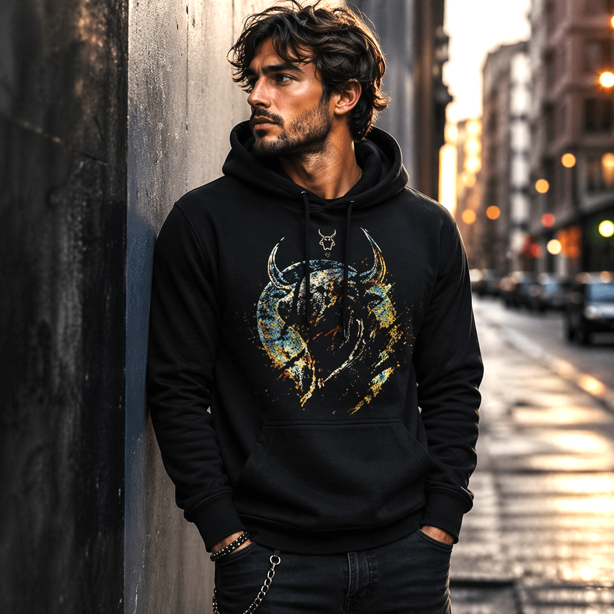 hoodie negro tauro hombre estilo urbano diseño zodiacal