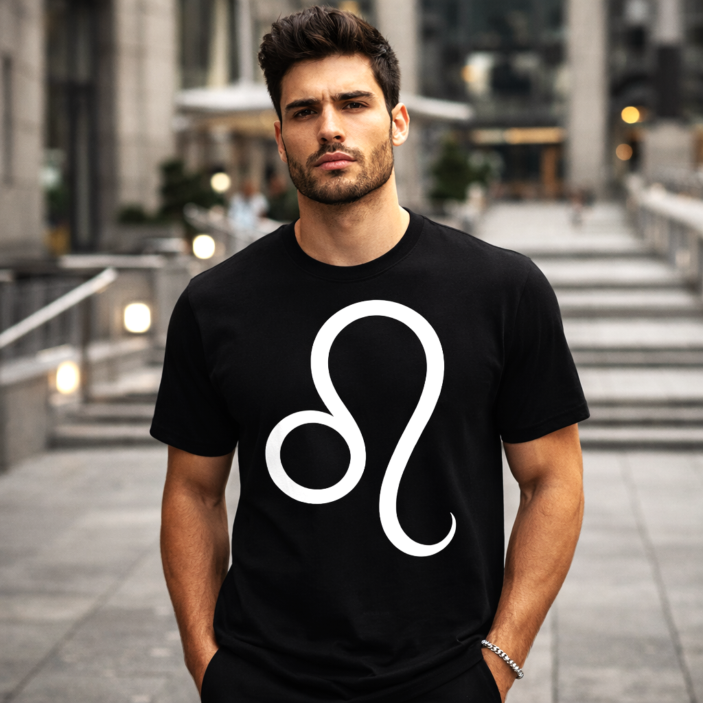 Camiseta Leo negra con símbolo zodiacal blanco diseño minimalista hombre