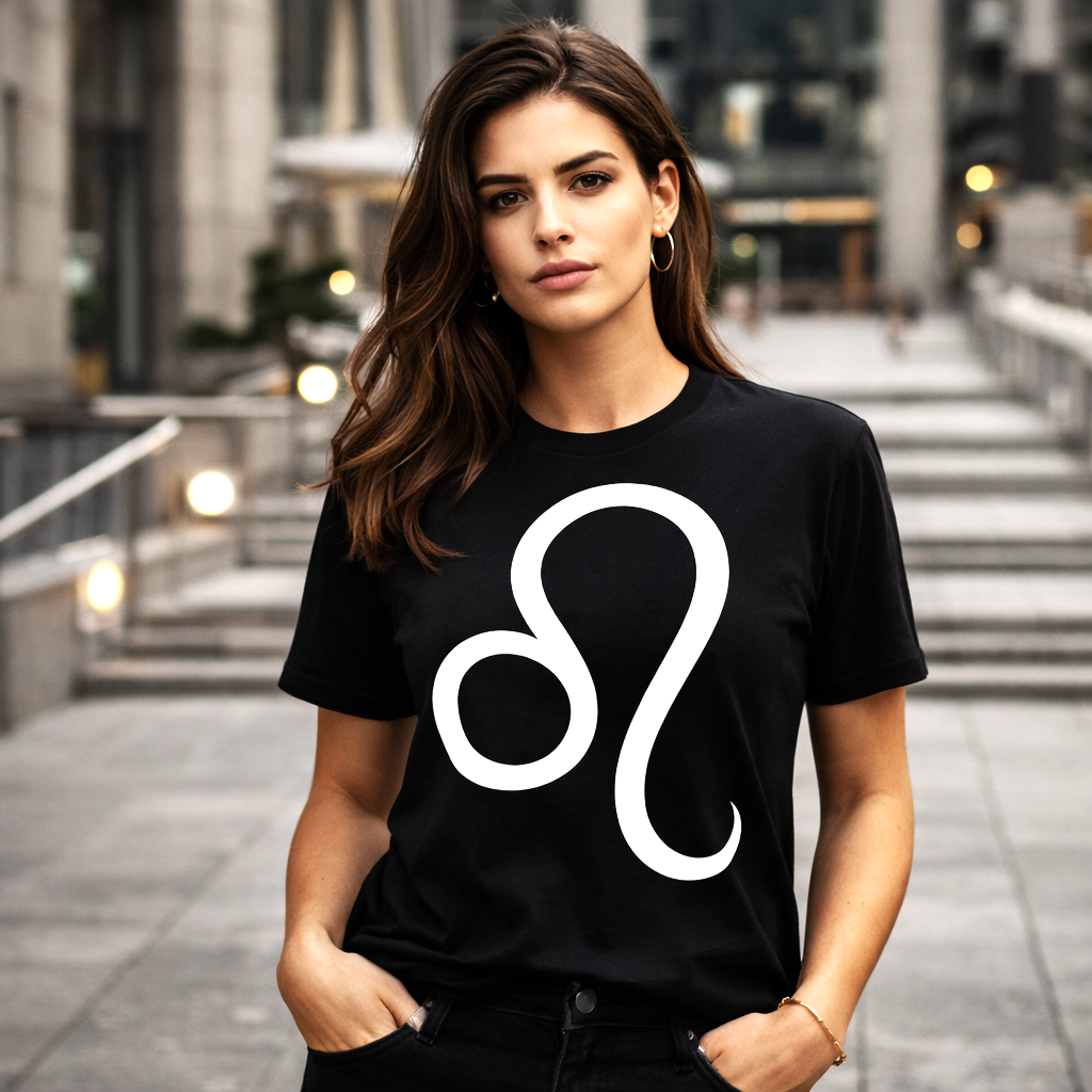Camiseta Leo negra mujer con símbolo zodiacal blanco estilo minimalista