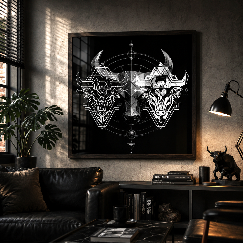 Póster Tauro Brutalista exhibido en interior contemporáneo con marco oscuro y cristal protector.