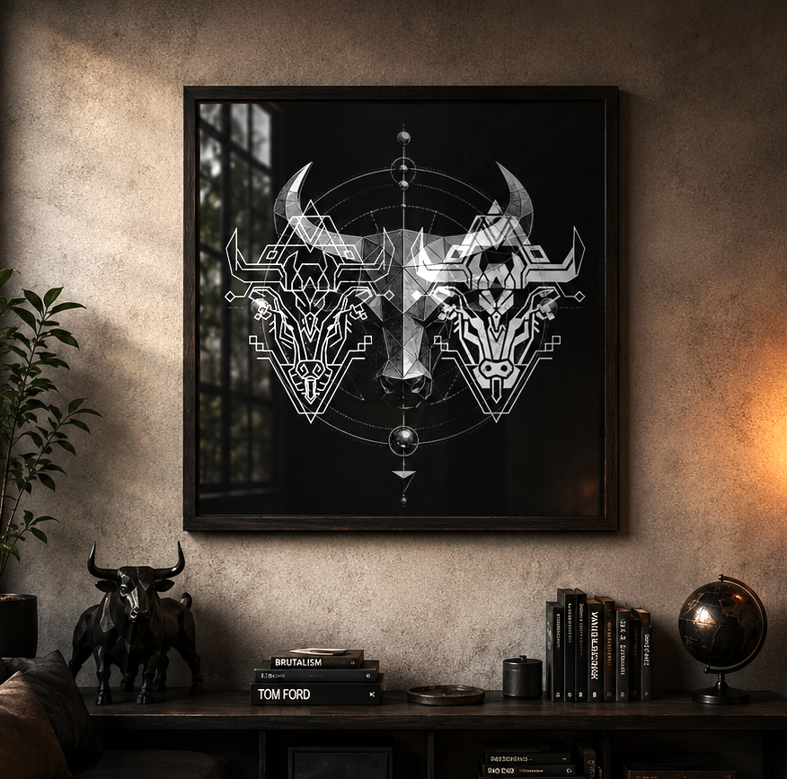 Póster Fine Art Tauro Brutalista con composición geométrica de toro zodiacal en blanco y negro sobre fondo oscuro.