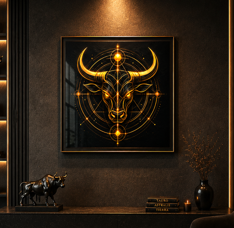 Poster Fine Art Toro Dorado con ilustración luminosa de toro zodiacal sobre fondo oscuro.