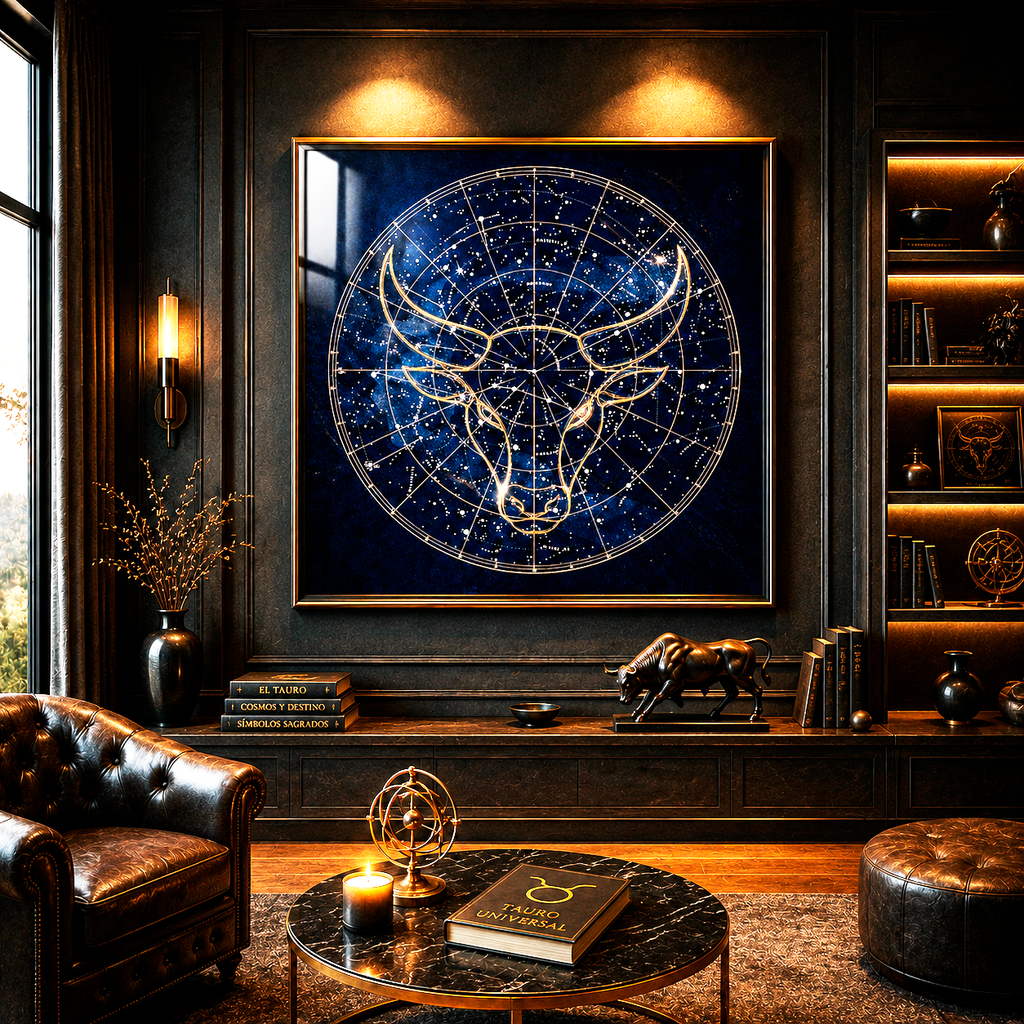 Póster Fine Art Tauro Constelar exhibido en interior elegante con marco oscuro y cristal protector.