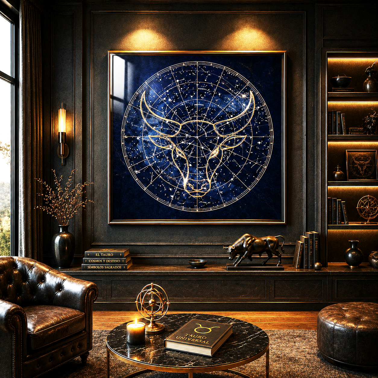 Póster Fine Art Tauro Constelar exhibido en interior elegante con marco oscuro y cristal protector.