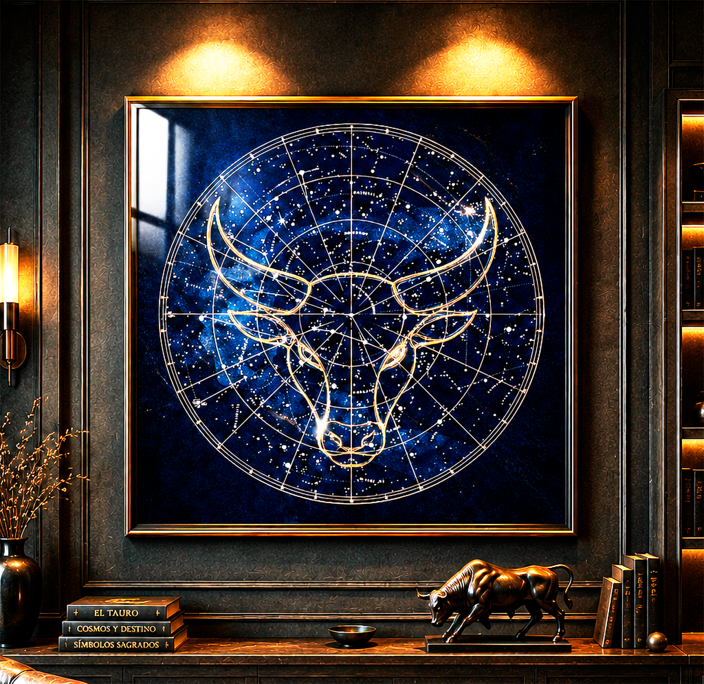 Póster Fine Art Tauro Constelar con ilustración de toro zodiacal y mapa celeste en tonos dorados sobre fondo azul profundo.