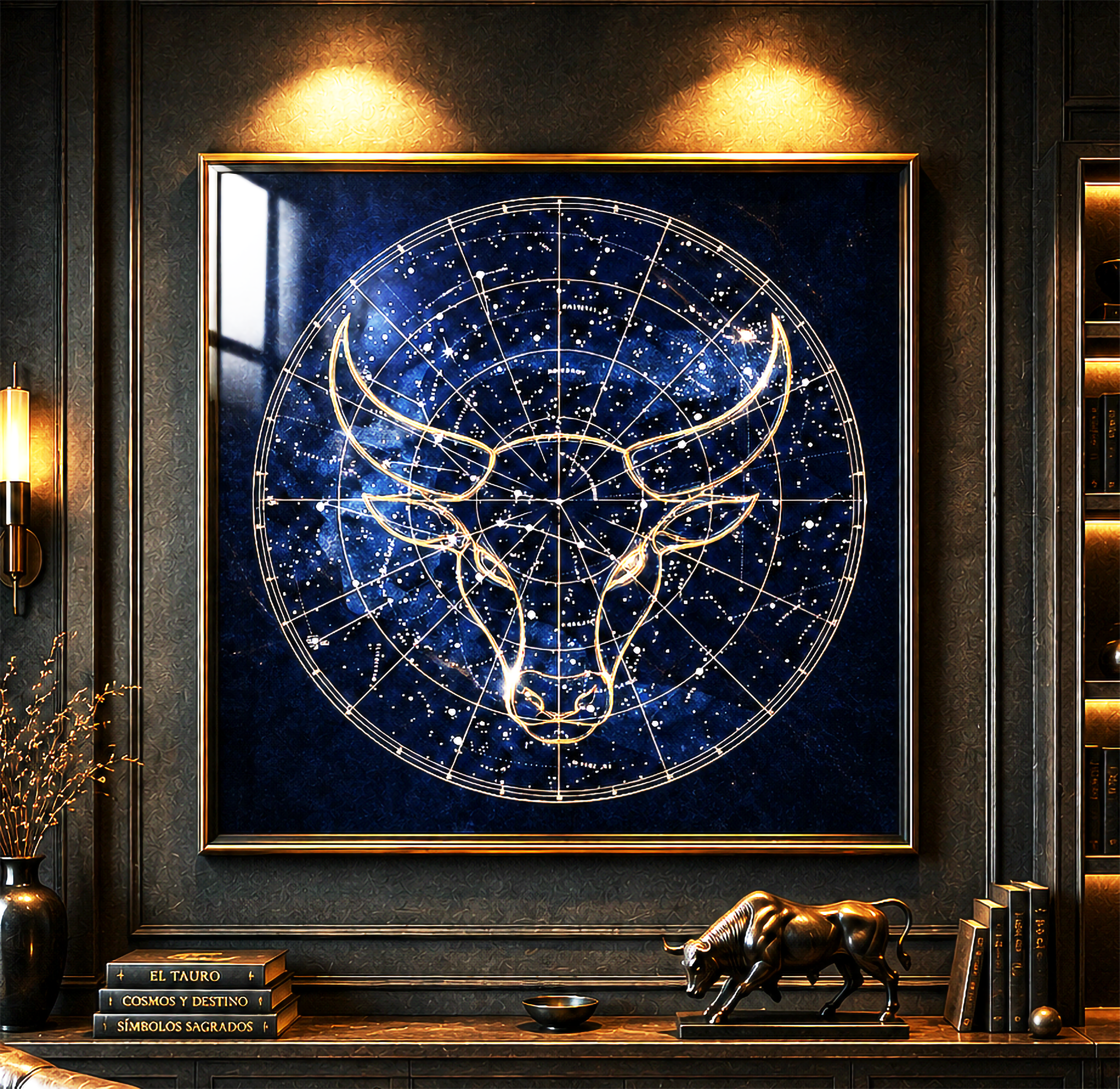 Póster Fine Art Tauro Constelar con ilustración de toro zodiacal y mapa celeste en tonos dorados sobre fondo azul profundo.