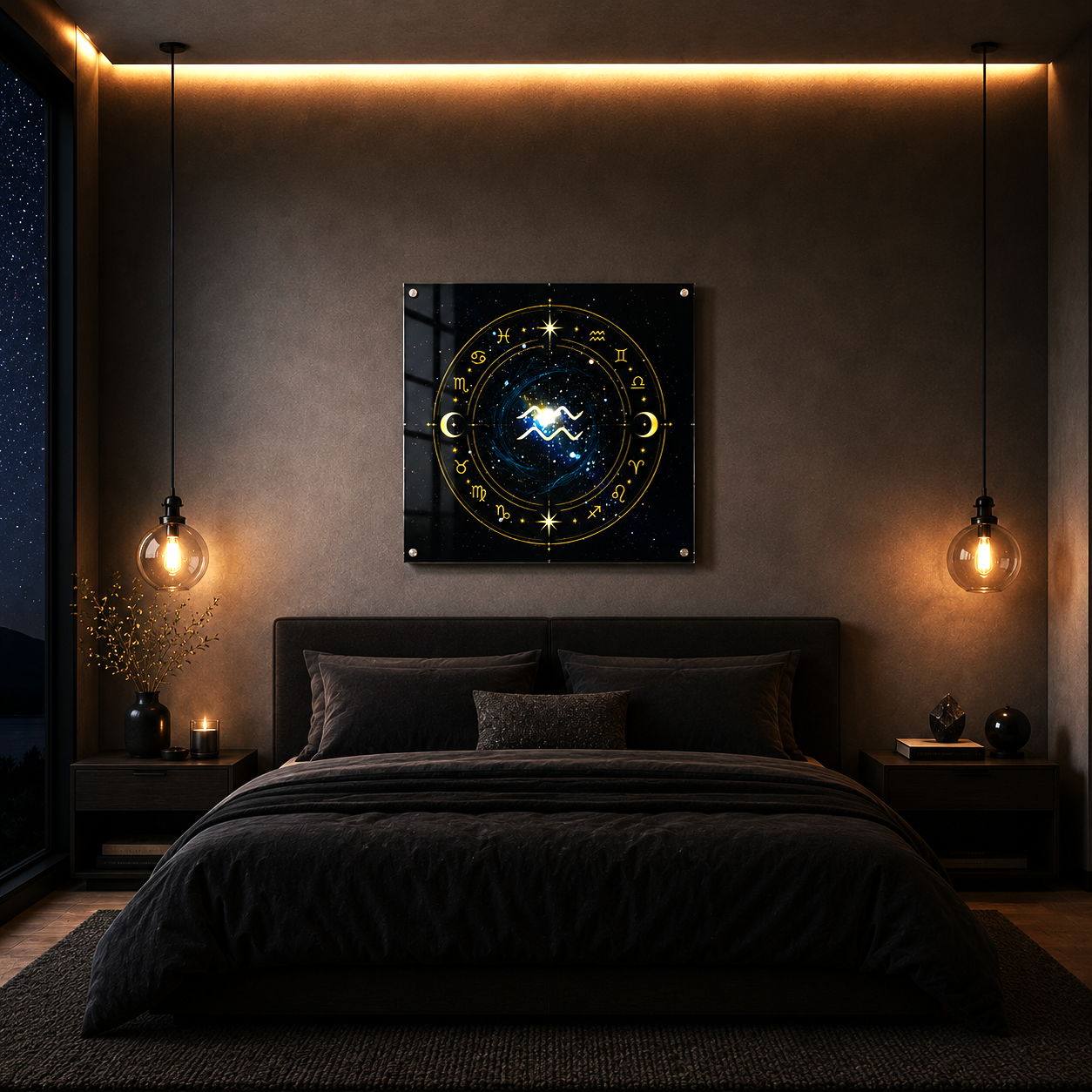 Arte acrílico inspirado en Acuario con composición cósmica universal y geometría astral contemporánea