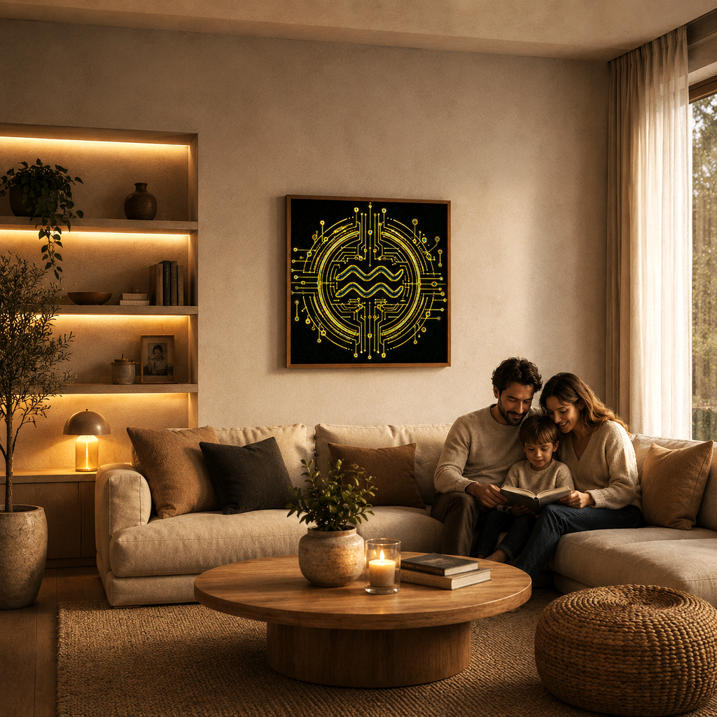 Canvas fine art inspirado en Acuario con geometría astral y composición cósmica contemporánea