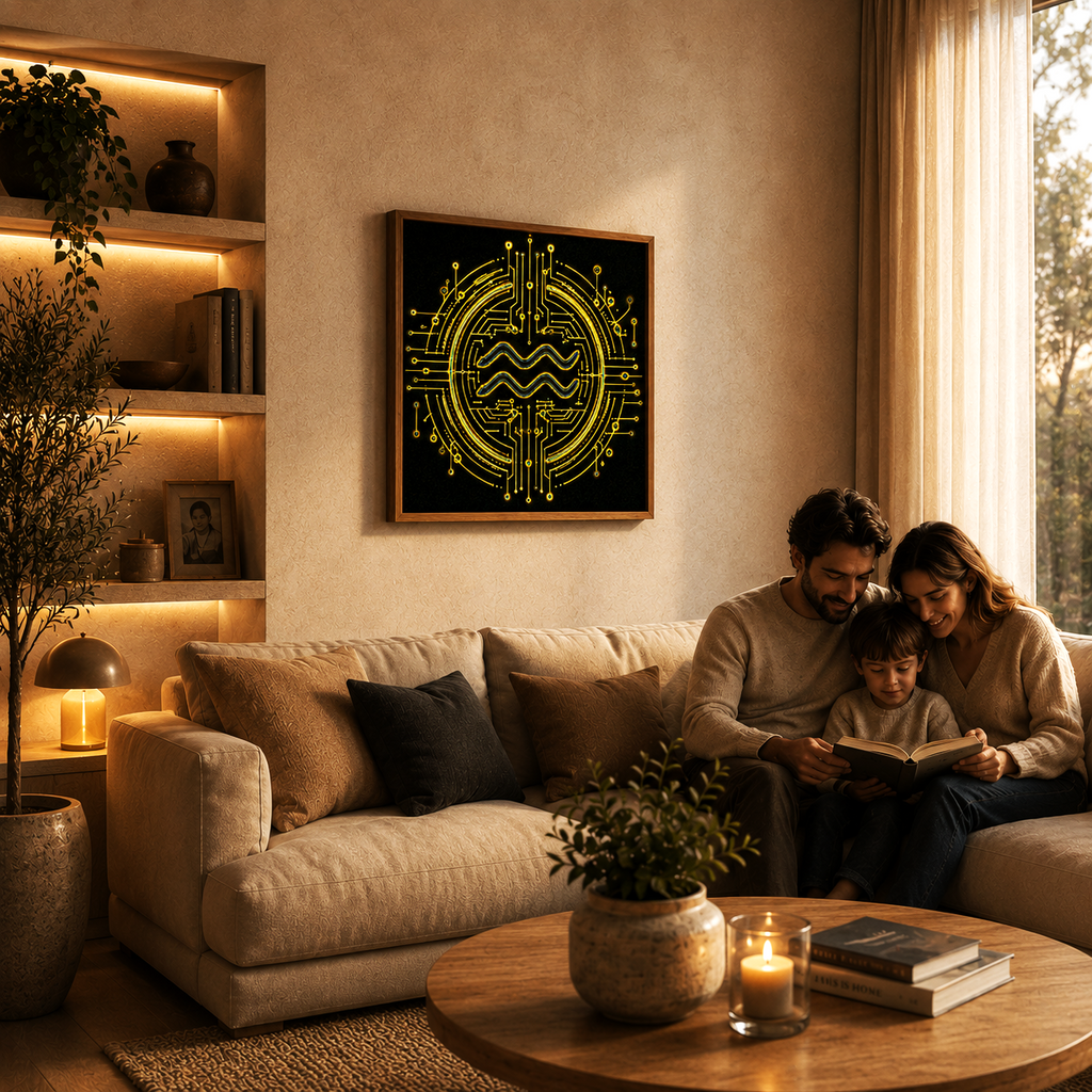 Obra decorativa Acuario matrix en salón contemporáneo de diseño elegante