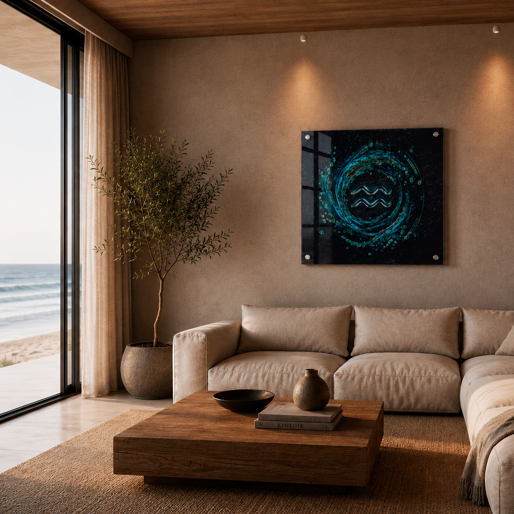 Arte acrílico inspirado en Acuario con composición cósmica circular y energía turbulenta futurista