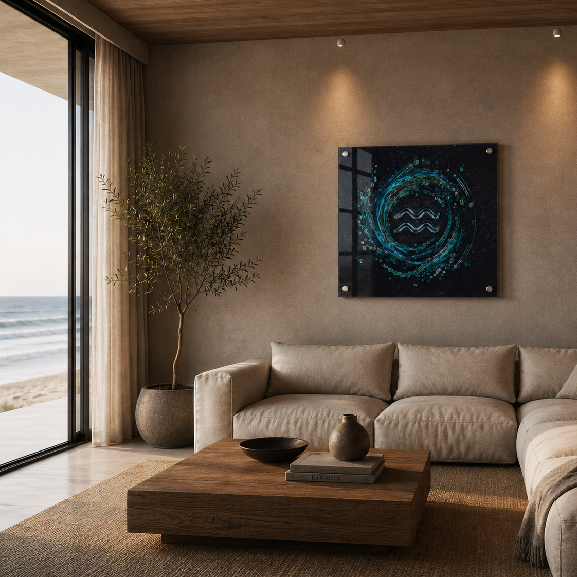 Arte acrílico inspirado en Acuario con composición cósmica circular y energía turbulenta futurista