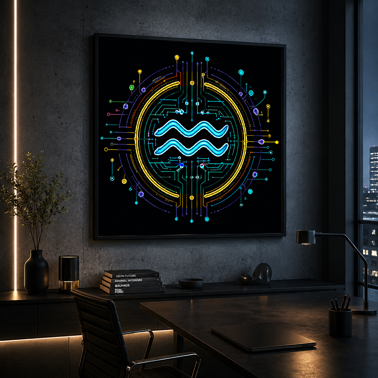 Poster fine art inspirado en Acuario con diseño tecnológico y geometría astral futurista