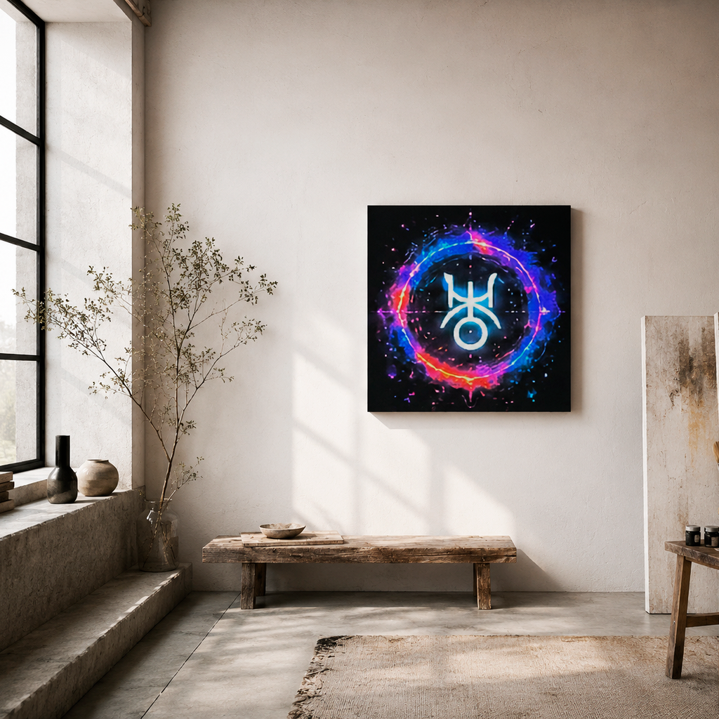 Canvas fine art inspirado en Acuario y Urano con símbolo astral luminoso y energía cósmica futurista
