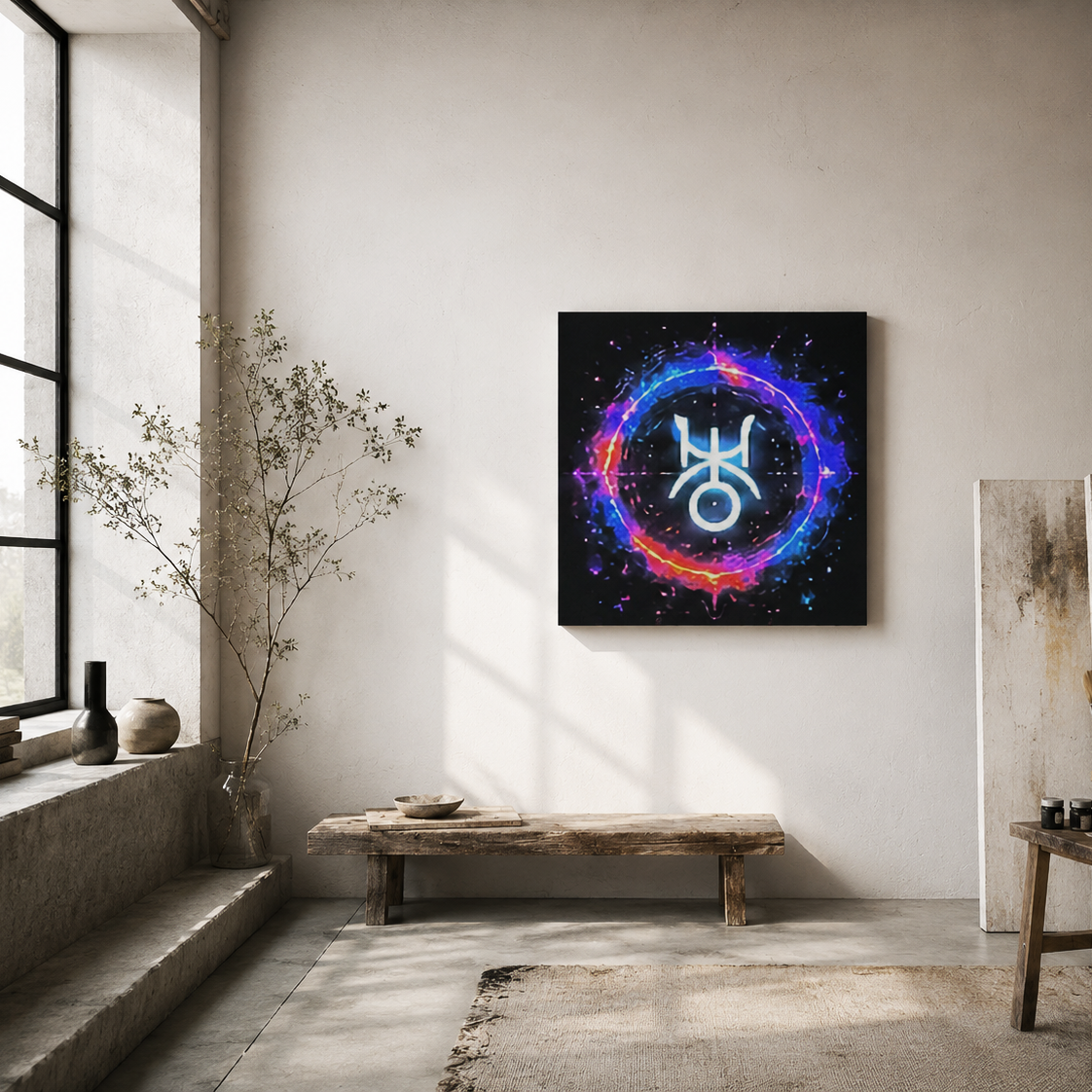 Canvas fine art inspirado en Acuario y Urano con símbolo astral luminoso y energía cósmica futurista