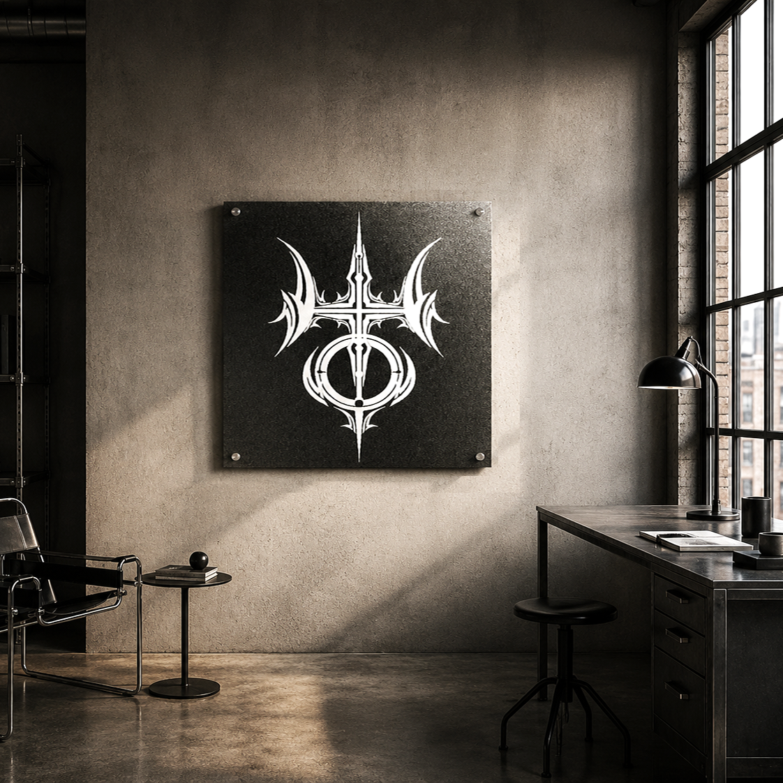 Arte metálico futurista inspirado en Acuario y Urano con símbolo tribal astral en tonos plateados