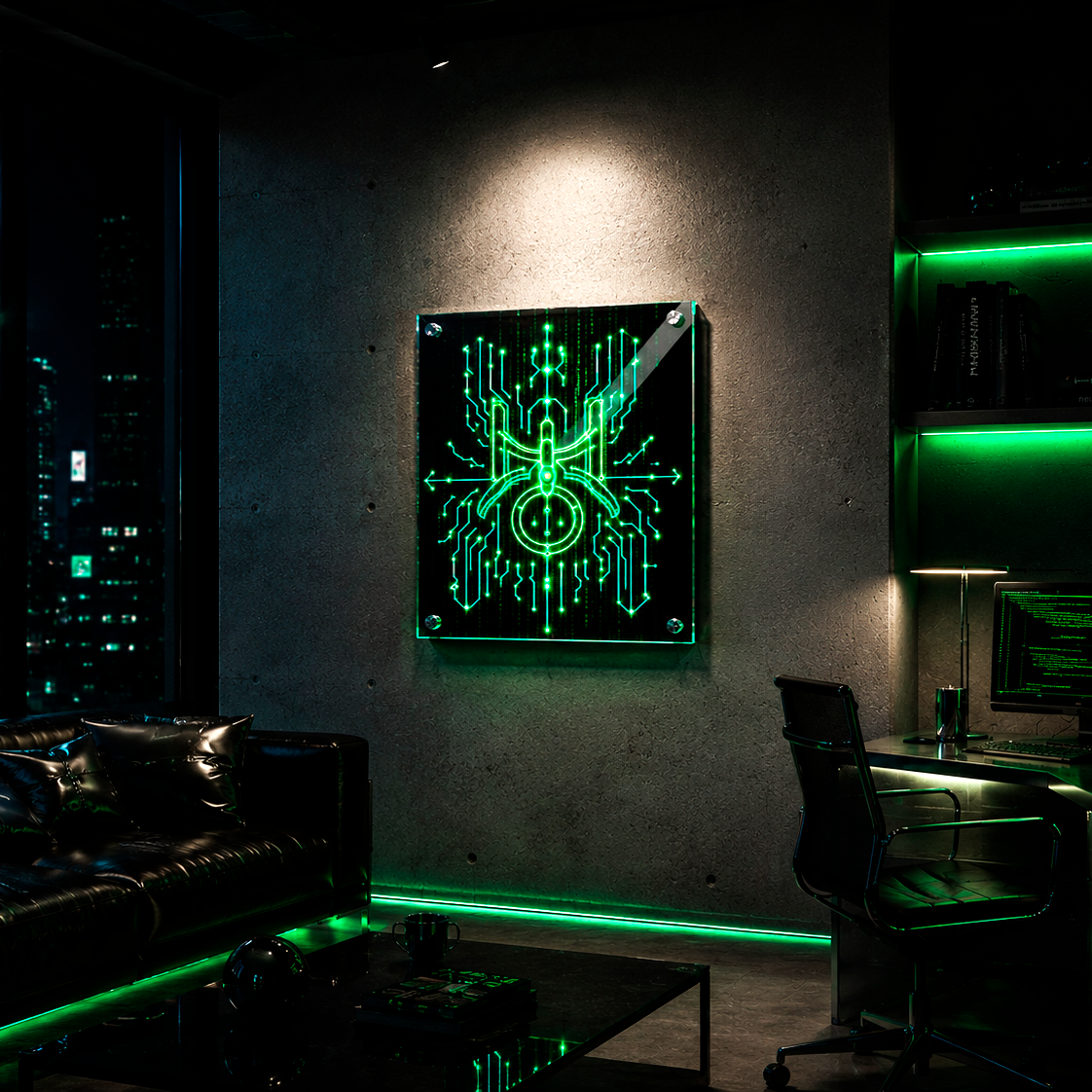 Cuadro acrílico Acuario futurista con iluminación verde en interior contemporáneo