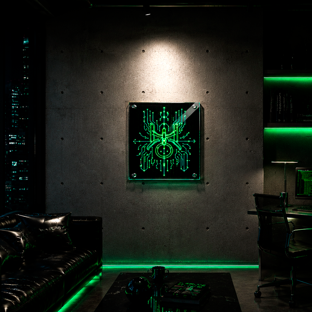 Arte acrílico futurista inspirado en Acuario y Urano con geometría digital luminosa verde y estética cyber cósmica