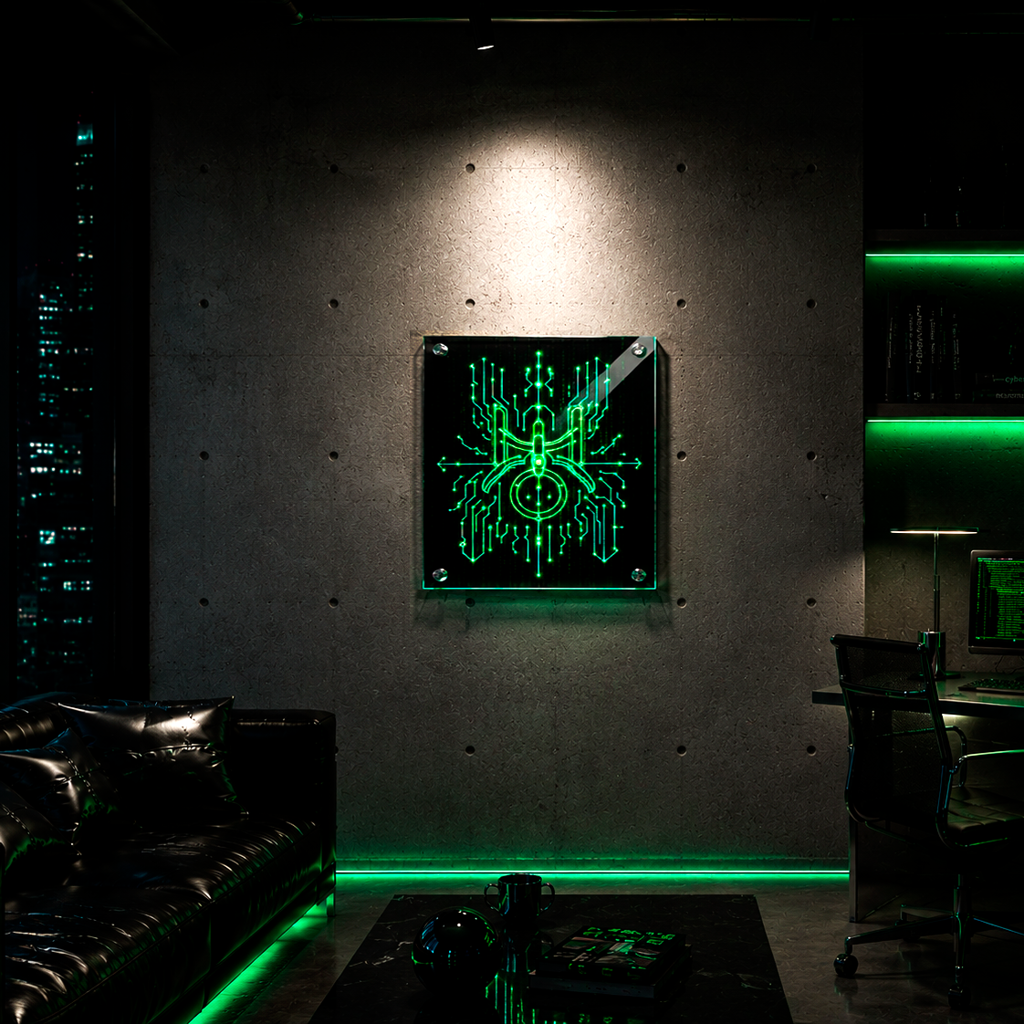 Arte acrílico futurista inspirado en Acuario y Urano con geometría digital luminosa verde y estética cyber cósmica