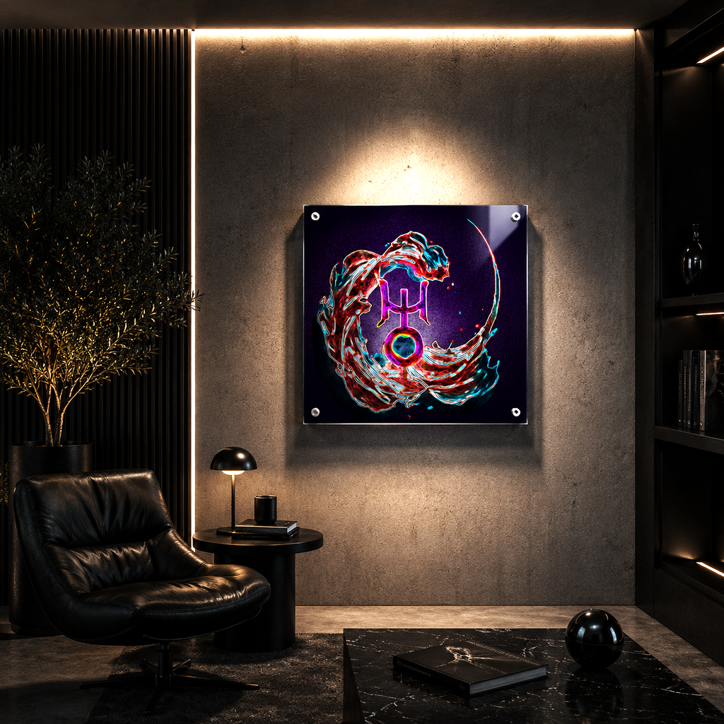 Arte acrílico contemporáneo inspirado en Acuario y Urano con diseño cósmico y olas energéticas en tonos azules y violetas