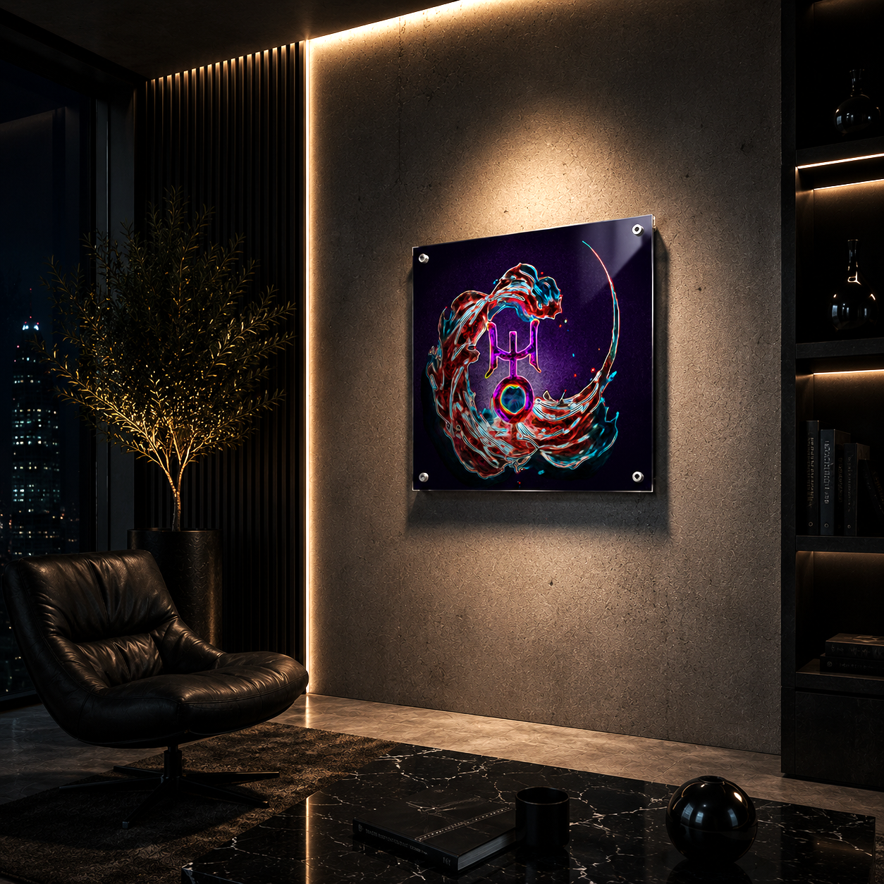 Cuadro acrílico Acuario y Urano en salón moderno con iluminación cálida