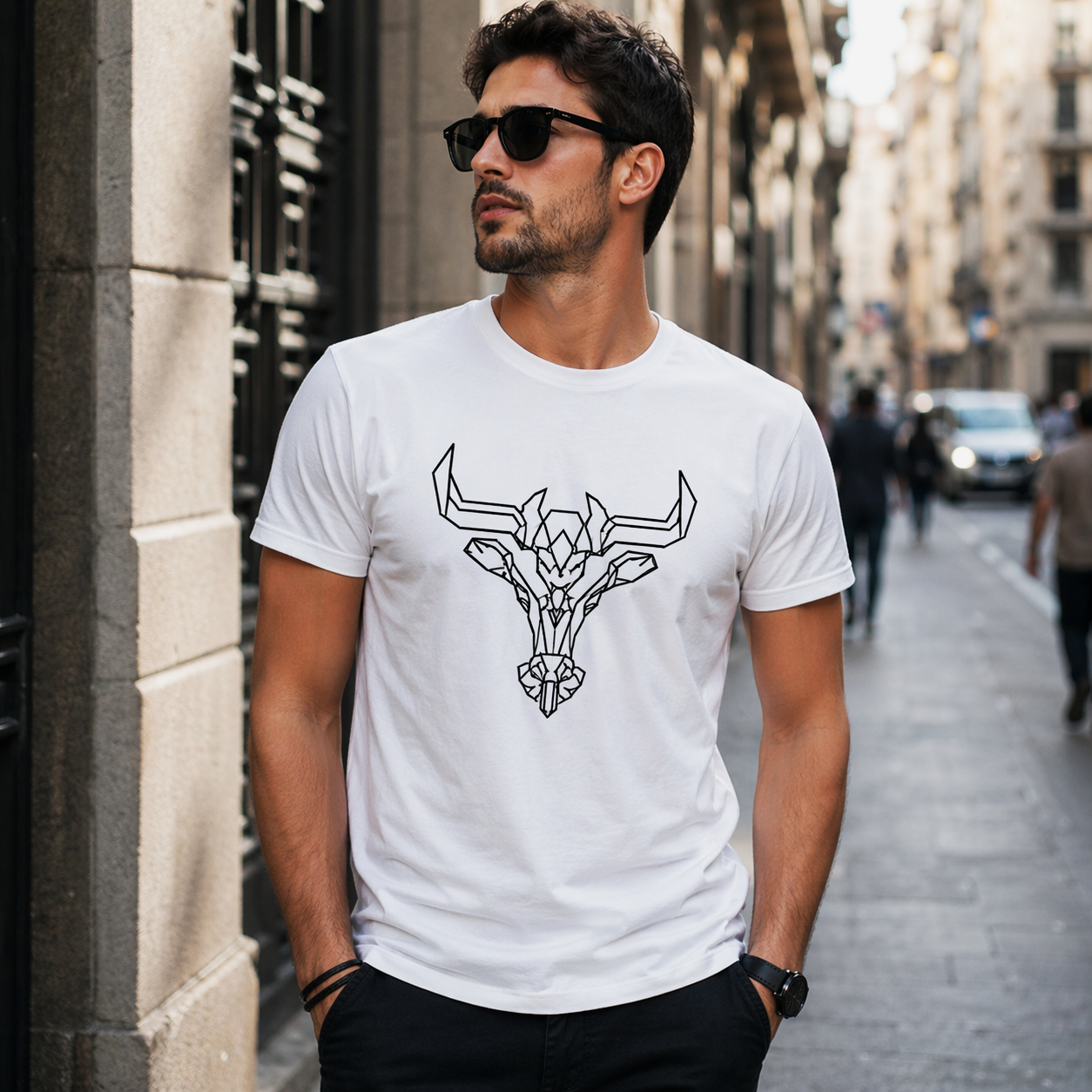 remera tauro geometrica blanca outfit urbano moderno