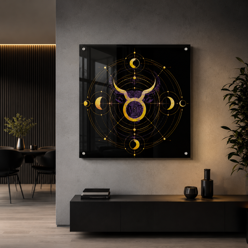 Acrílico Fine Art Símbolo Tauro con geometría sagrada y composición zodiacal luminosa.