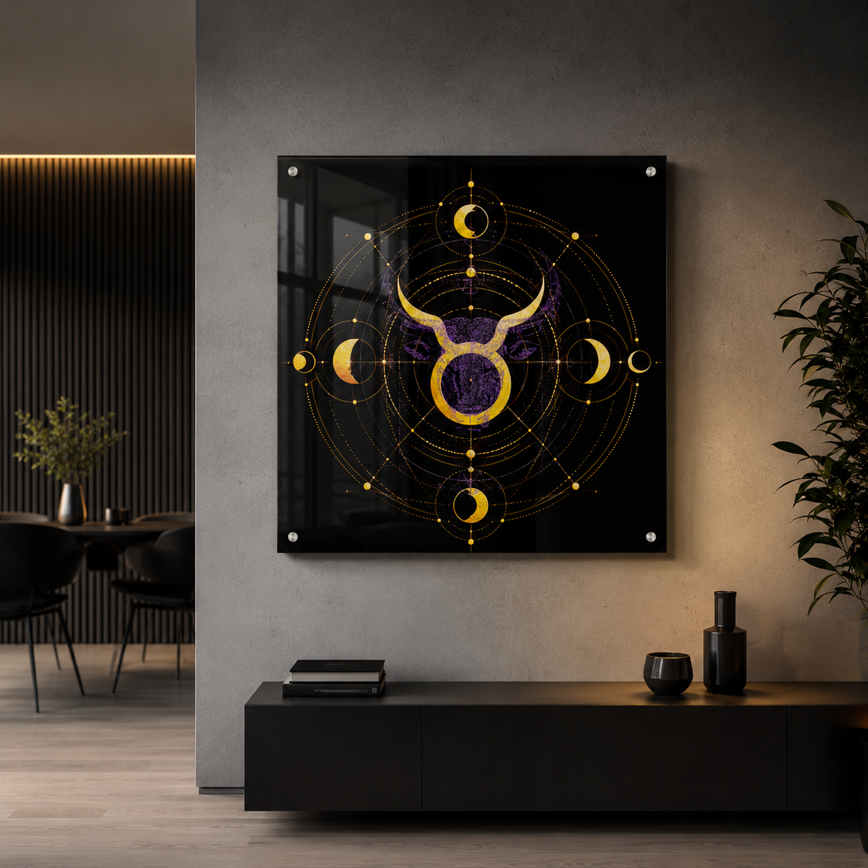 Acrílico Fine Art Símbolo Tauro con geometría sagrada y composición zodiacal luminosa.