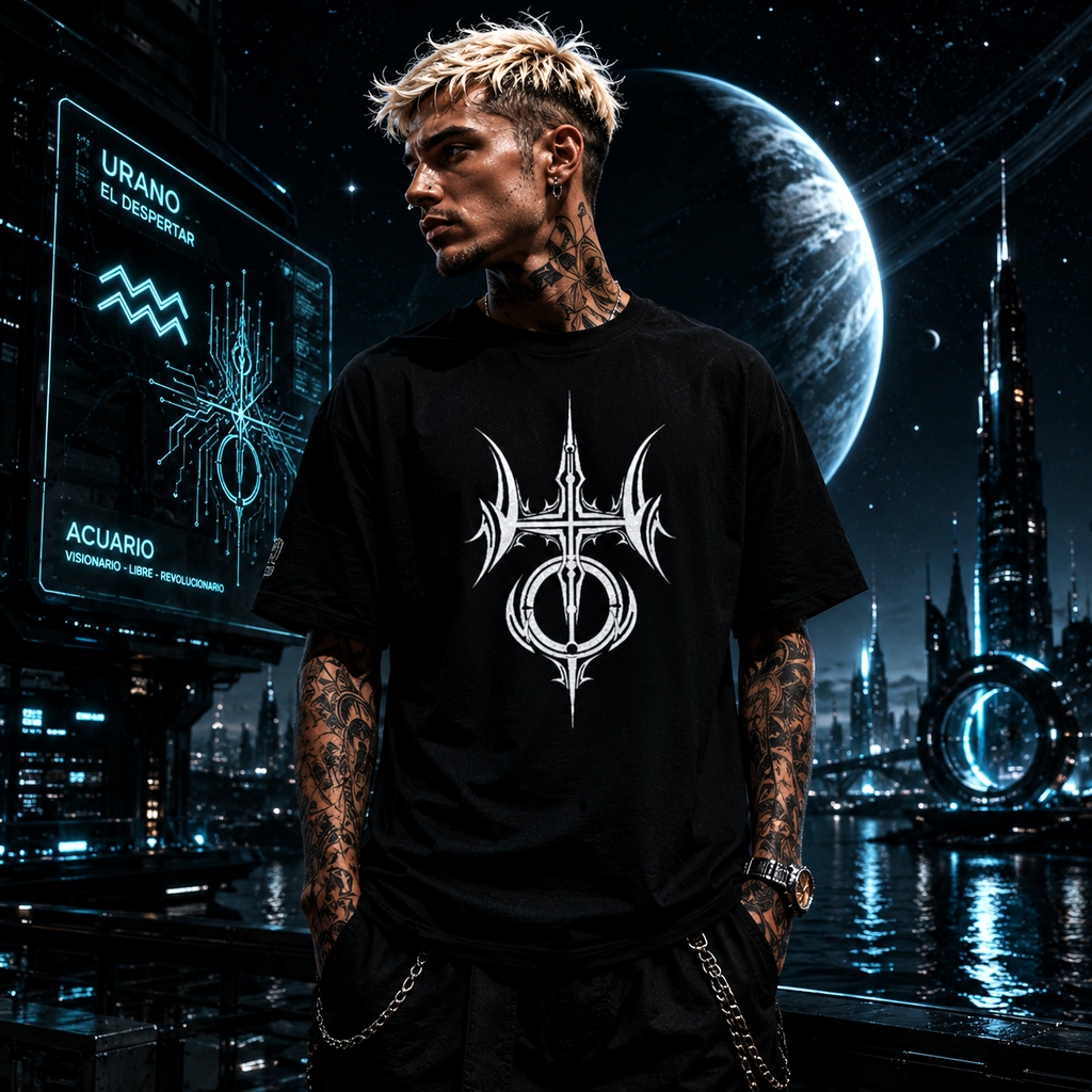 Camiseta negra tribal Acuario con símbolo astral plateado de estilo futurista