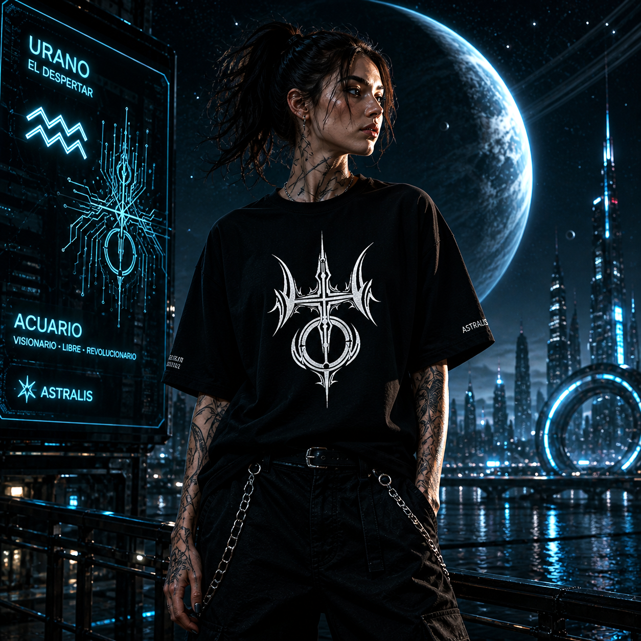Modelo urbano vistiendo camiseta negra tribal Acuario con estética cyberpunk