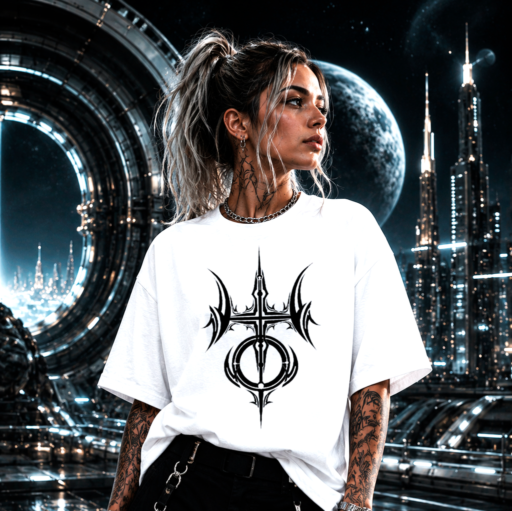 Camiseta blanca tribal Acuario con símbolo astral negro de estilo tribal