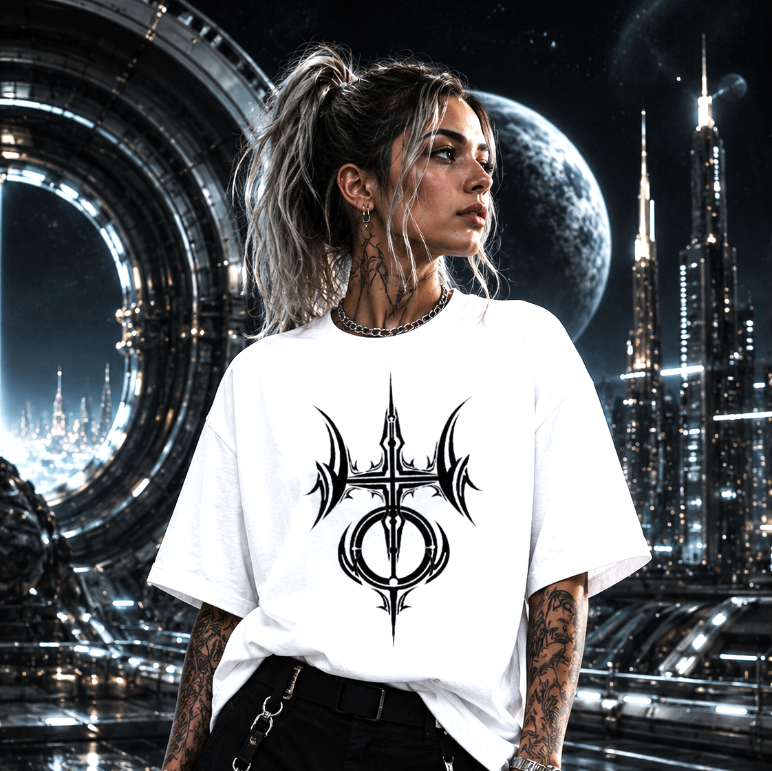 Camiseta blanca tribal Acuario con símbolo astral negro de estilo tribal
