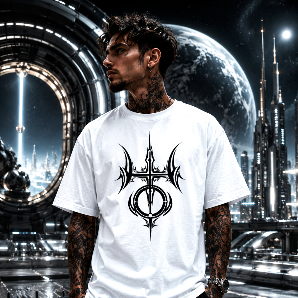 Modelo urbano vistiendo camiseta blanca tribal Acuario estilo futurista