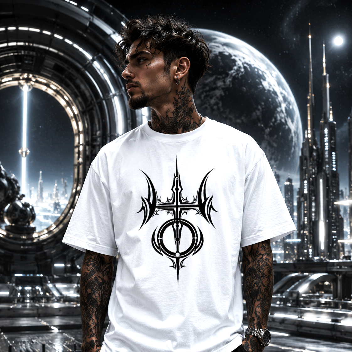 Modelo urbano vistiendo camiseta blanca tribal Acuario estilo futurista