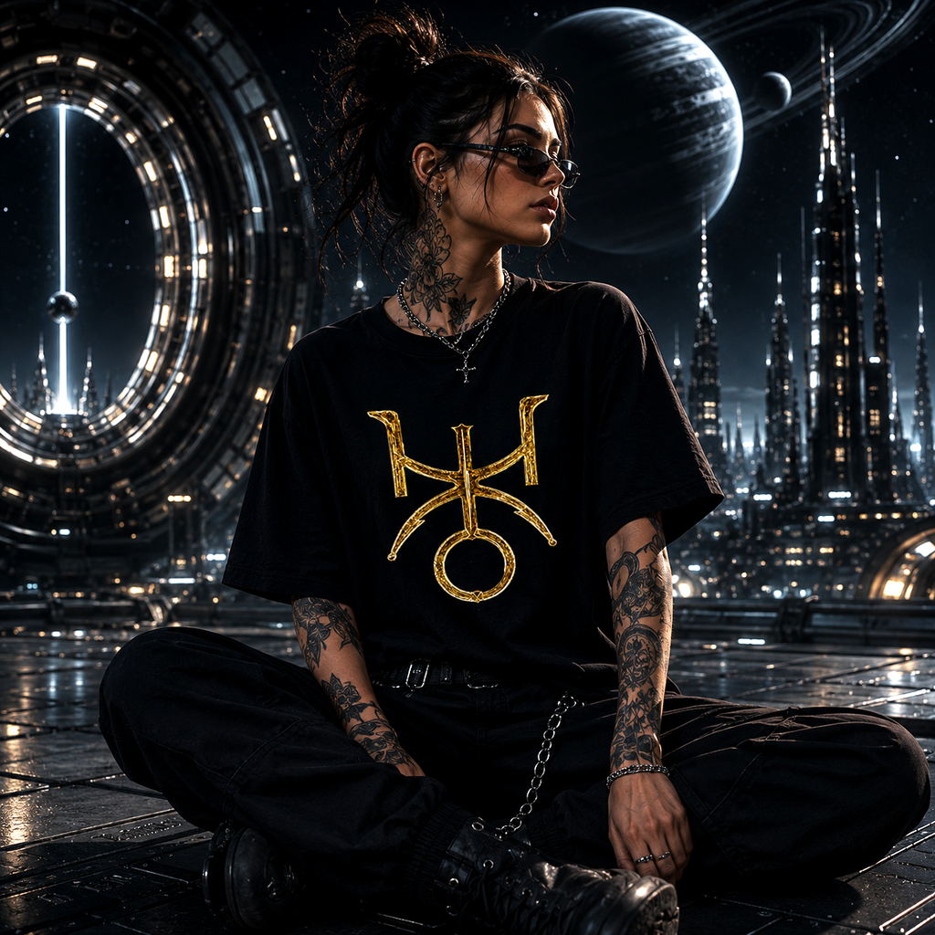 Modelo urbano vistiendo camiseta negra gótica Urano estilo futurista