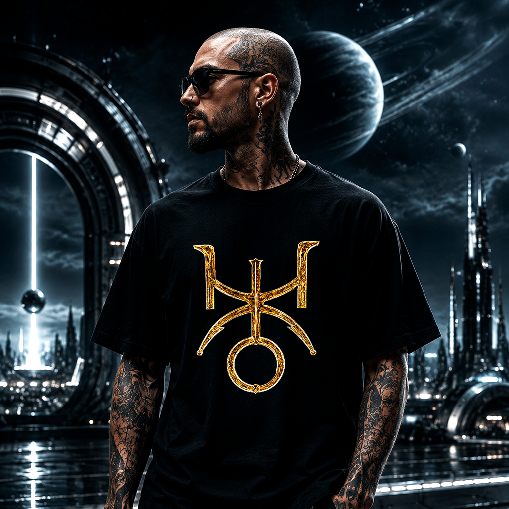 Camiseta negra gótica Urano con símbolo astral dorado minimalista