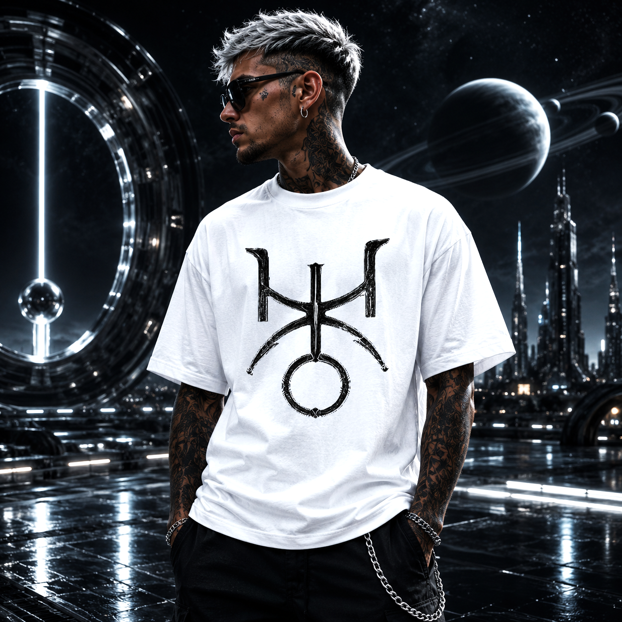 Modelo urbano vistiendo camiseta blanca gótica Urano estilo futurista