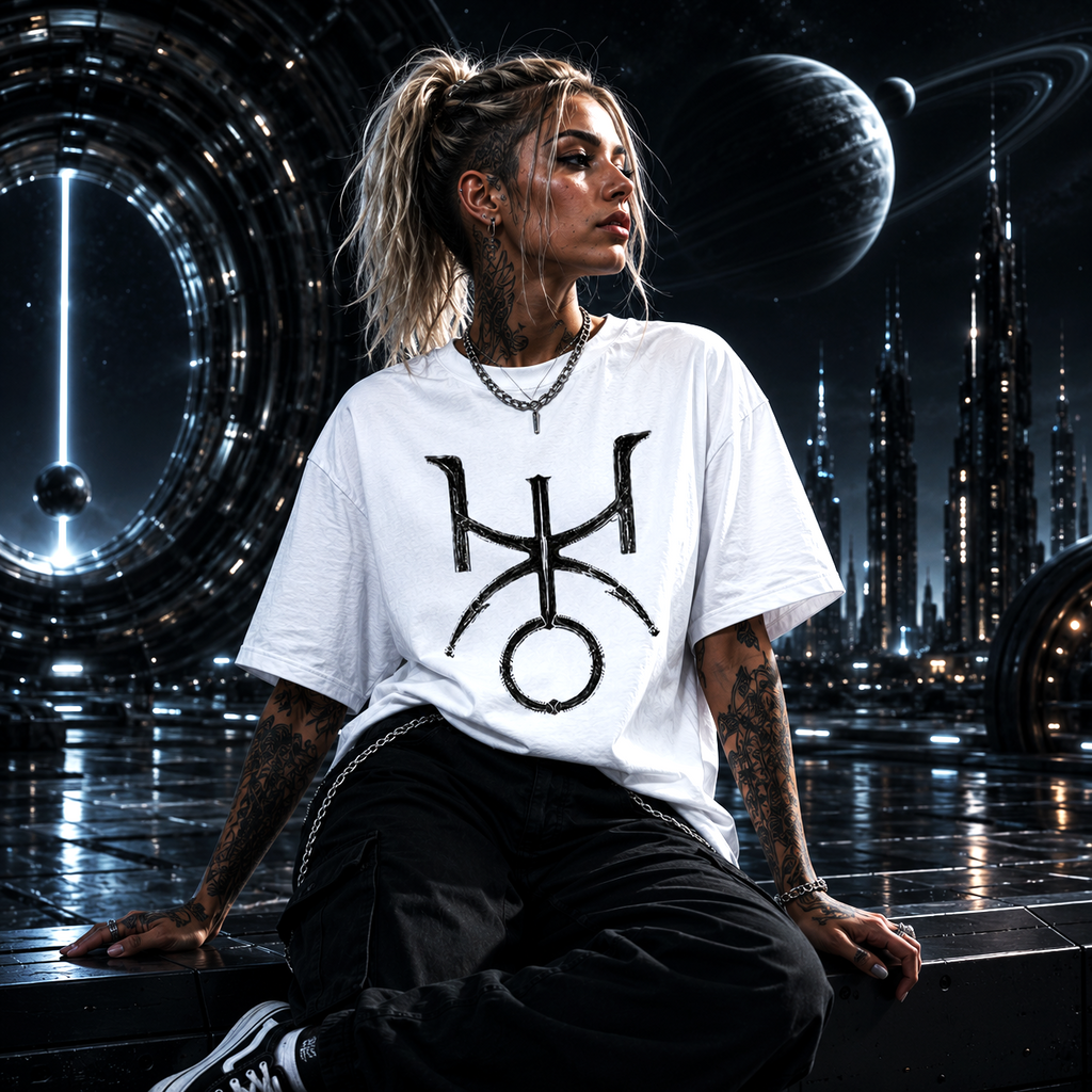 Camiseta blanca gótica Urano con símbolo astral negro minimalista