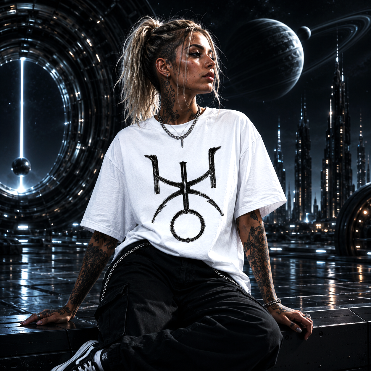 Camiseta blanca gótica Urano con símbolo astral negro minimalista