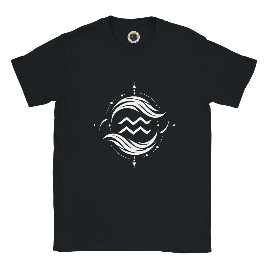 Detalle cuello camiseta negra geométrica Acuario diseño exclusivo Astrálisis