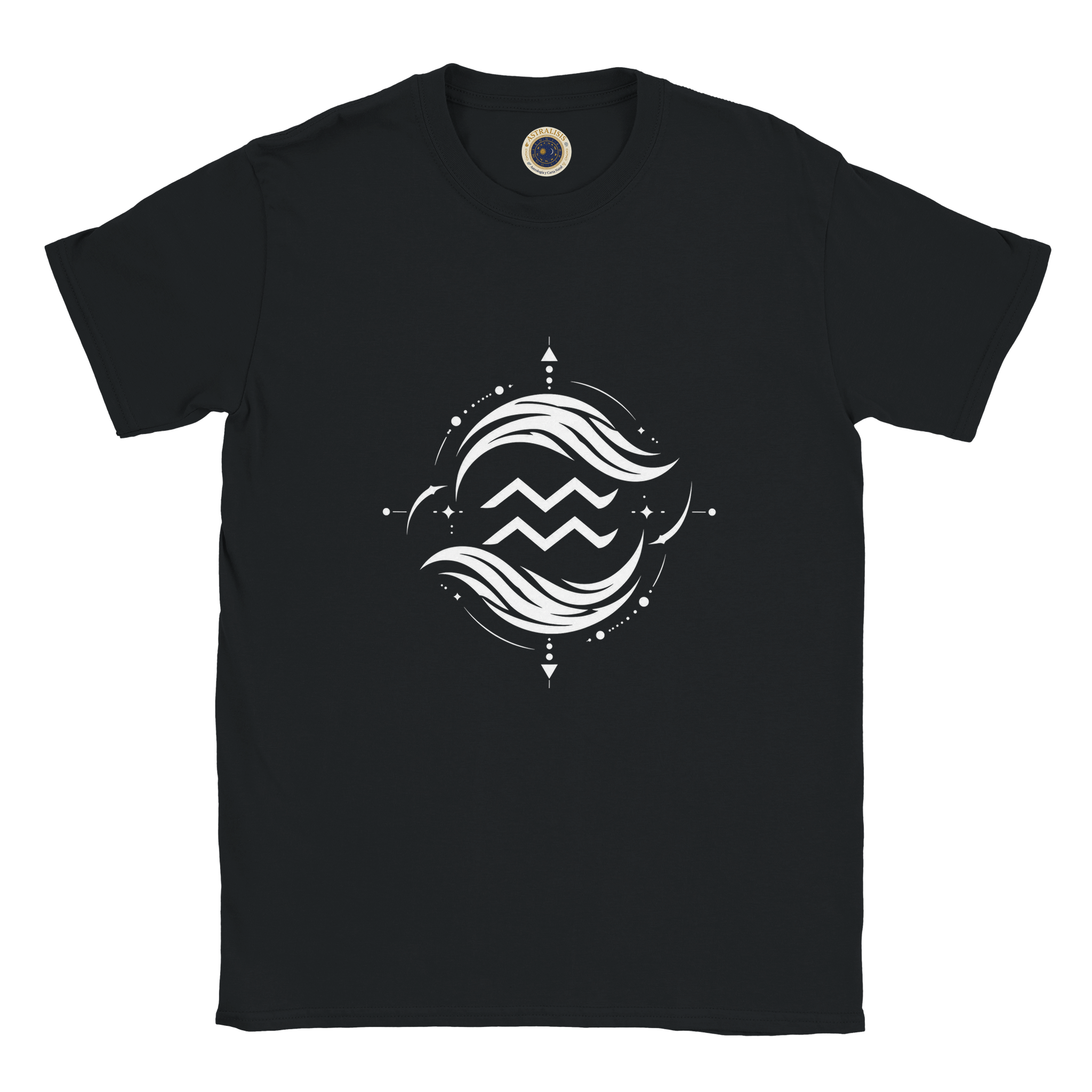 Detalle cuello camiseta negra geométrica Acuario diseño exclusivo Astrálisis