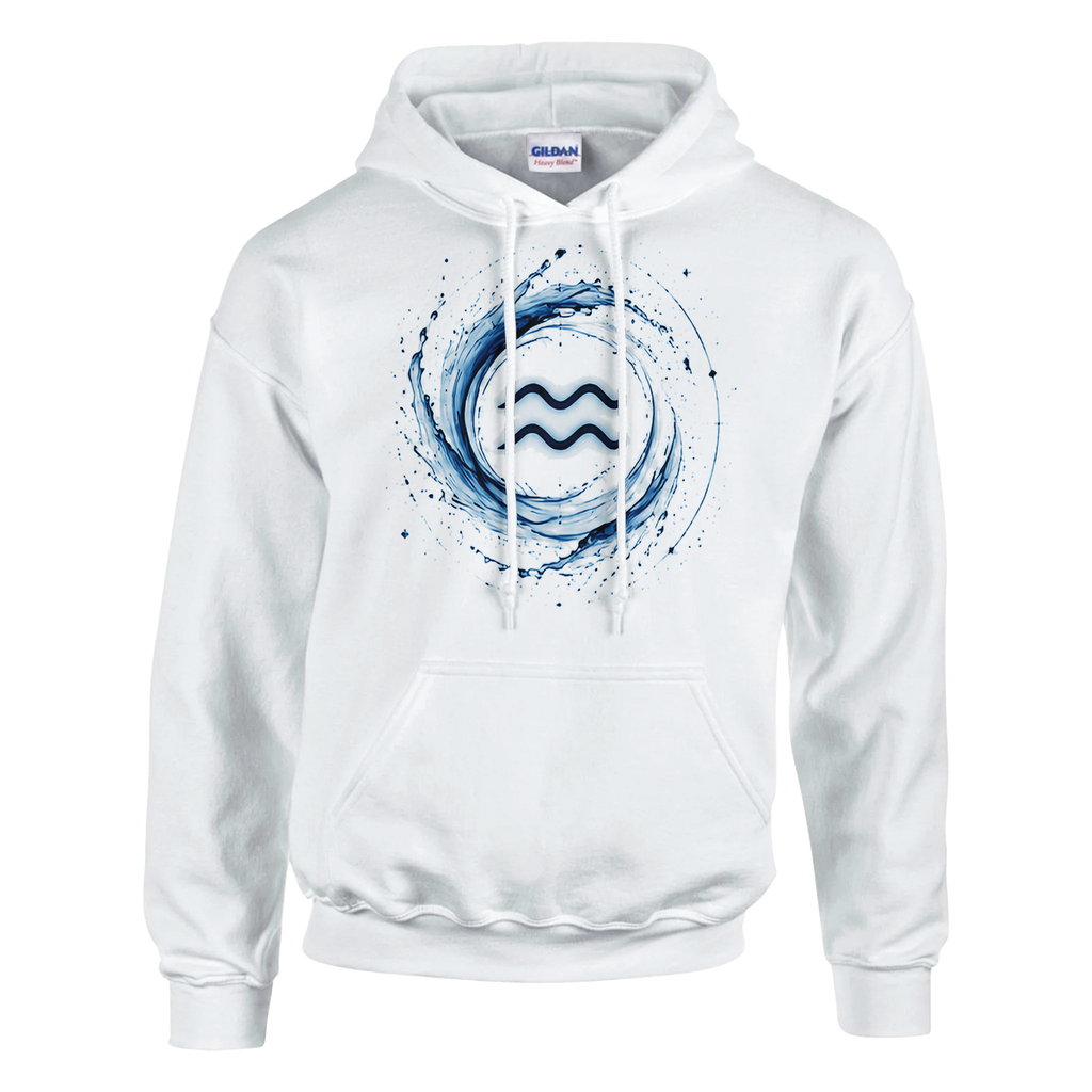 Sudadera blanca Acuario con símbolo astral azul y estilo minimalista