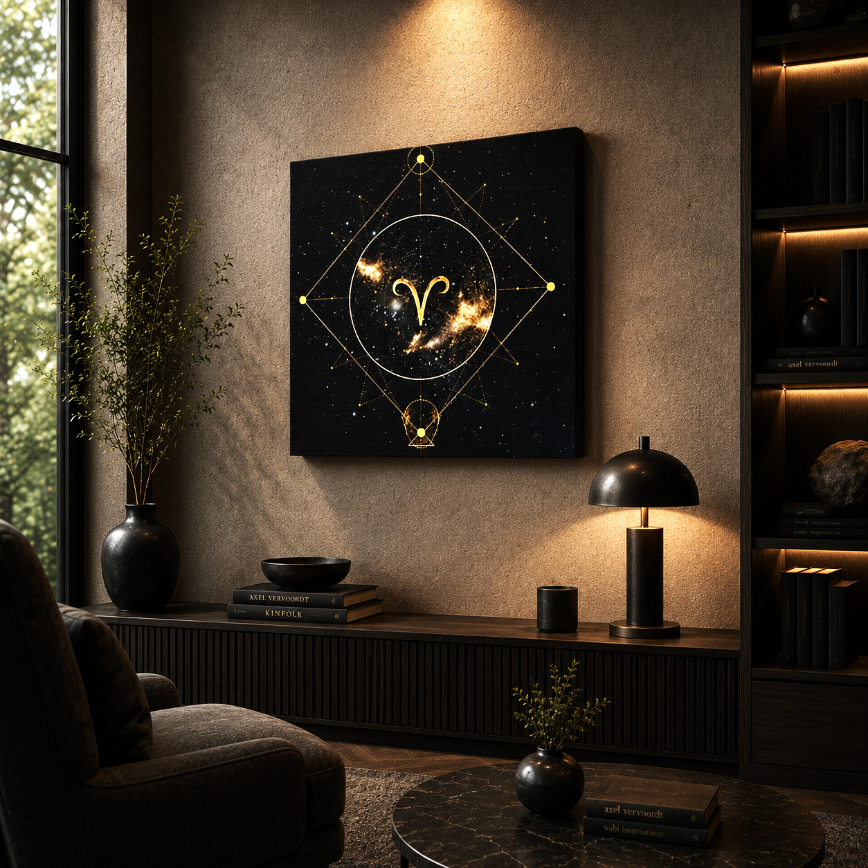 Arte zodiacal Aries con geometría cósmica dorada