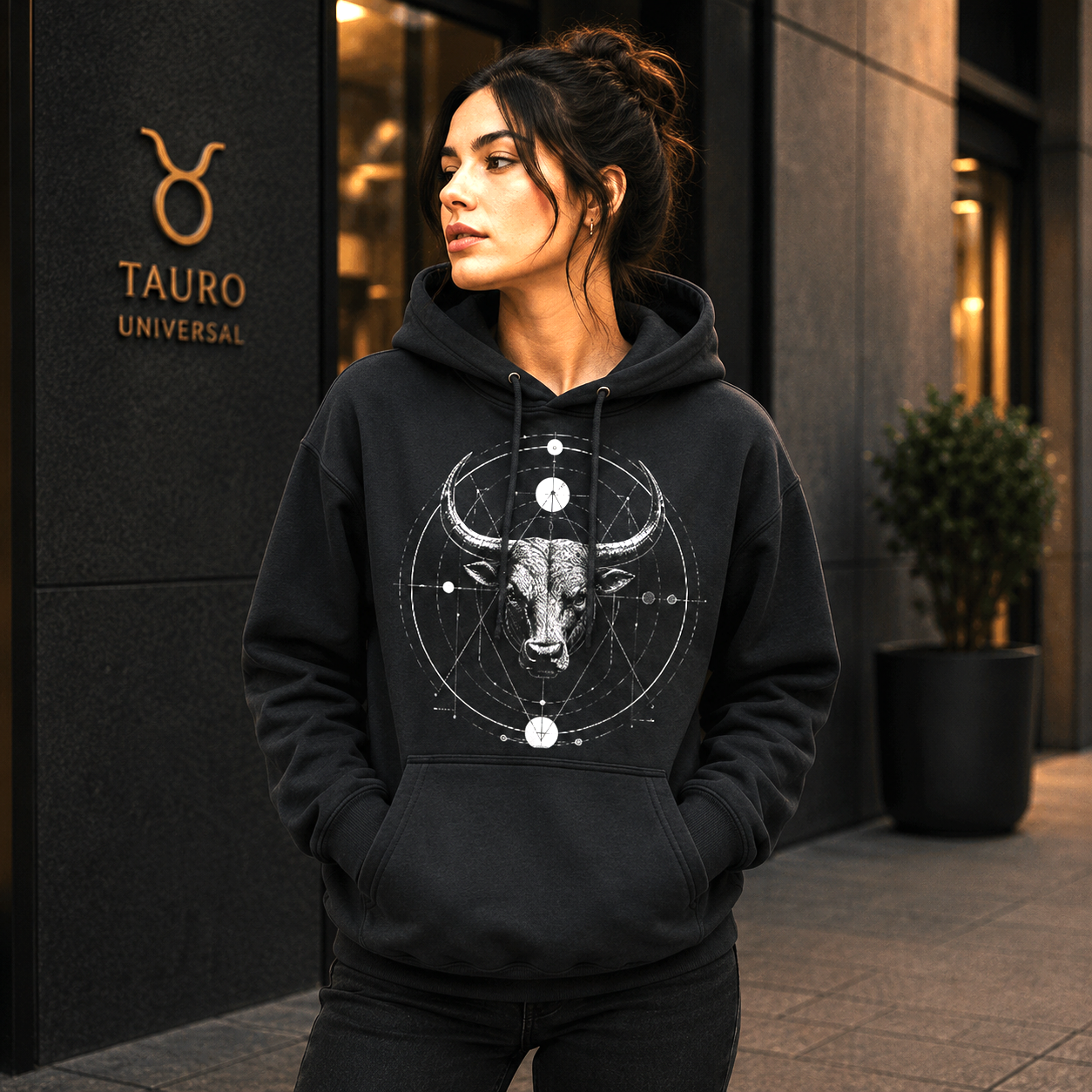 Mujer vistiendo hoodie negro Tauro Sincronizado con diseño zodiacal exclusivo Astrálisis.