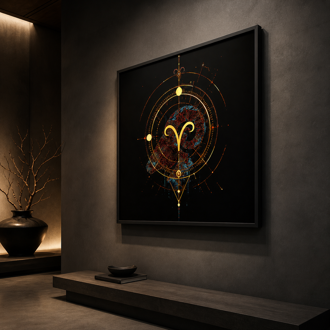 Arte zodiacal Aries con composición luminosa minimalista