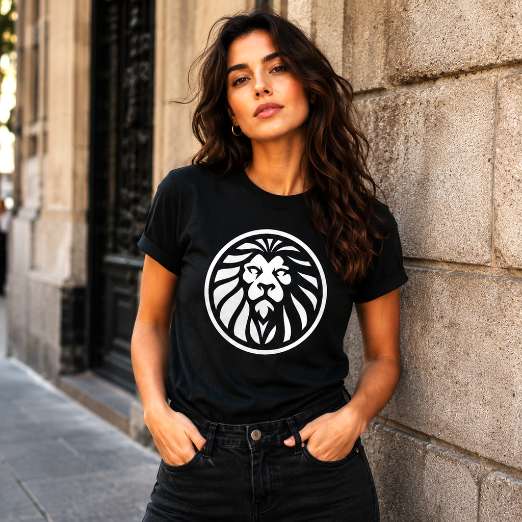Mujer vistiendo camiseta negra Leo Medallón con ilustración minimalista de león sobre fondo negro