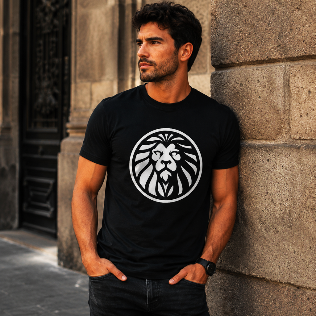 Hombre vistiendo camiseta negra Leo Medallón con diseño circular de león inspirado en el signo Leo