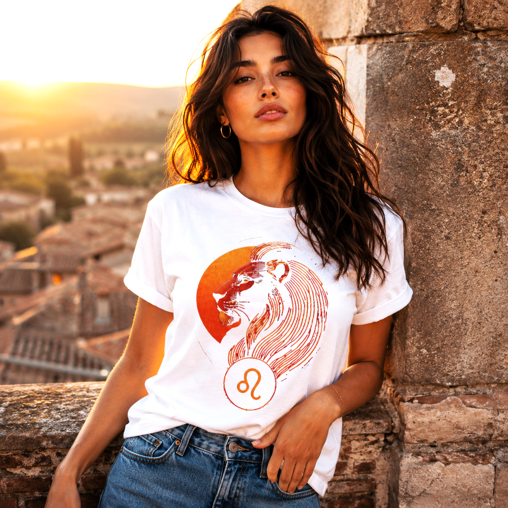 Mujer vistiendo camiseta blanca León Perfil Realeza con diseño artístico inspirado en el signo Leo