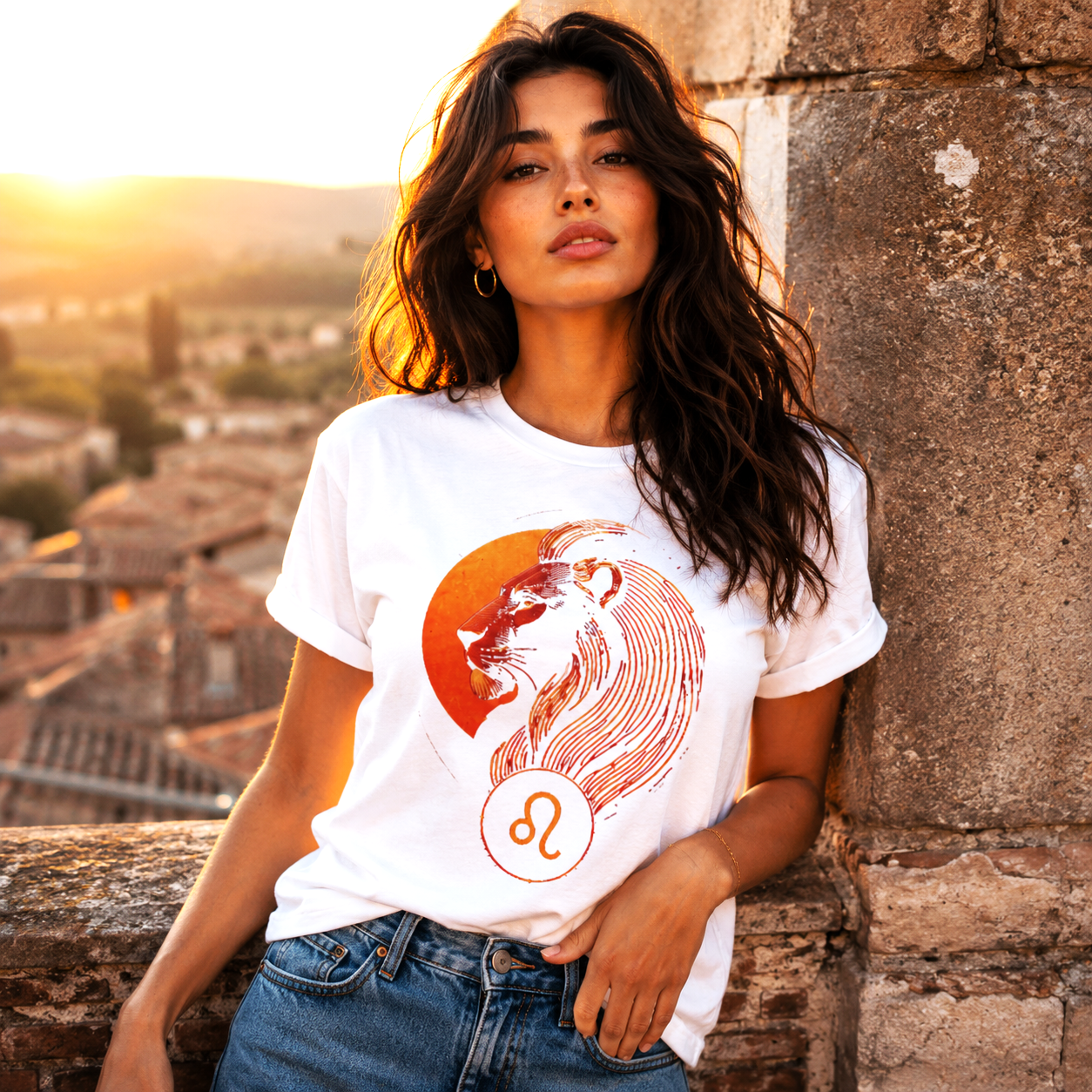 Mujer vistiendo camiseta blanca León Perfil Realeza con diseño artístico inspirado en el signo Leo