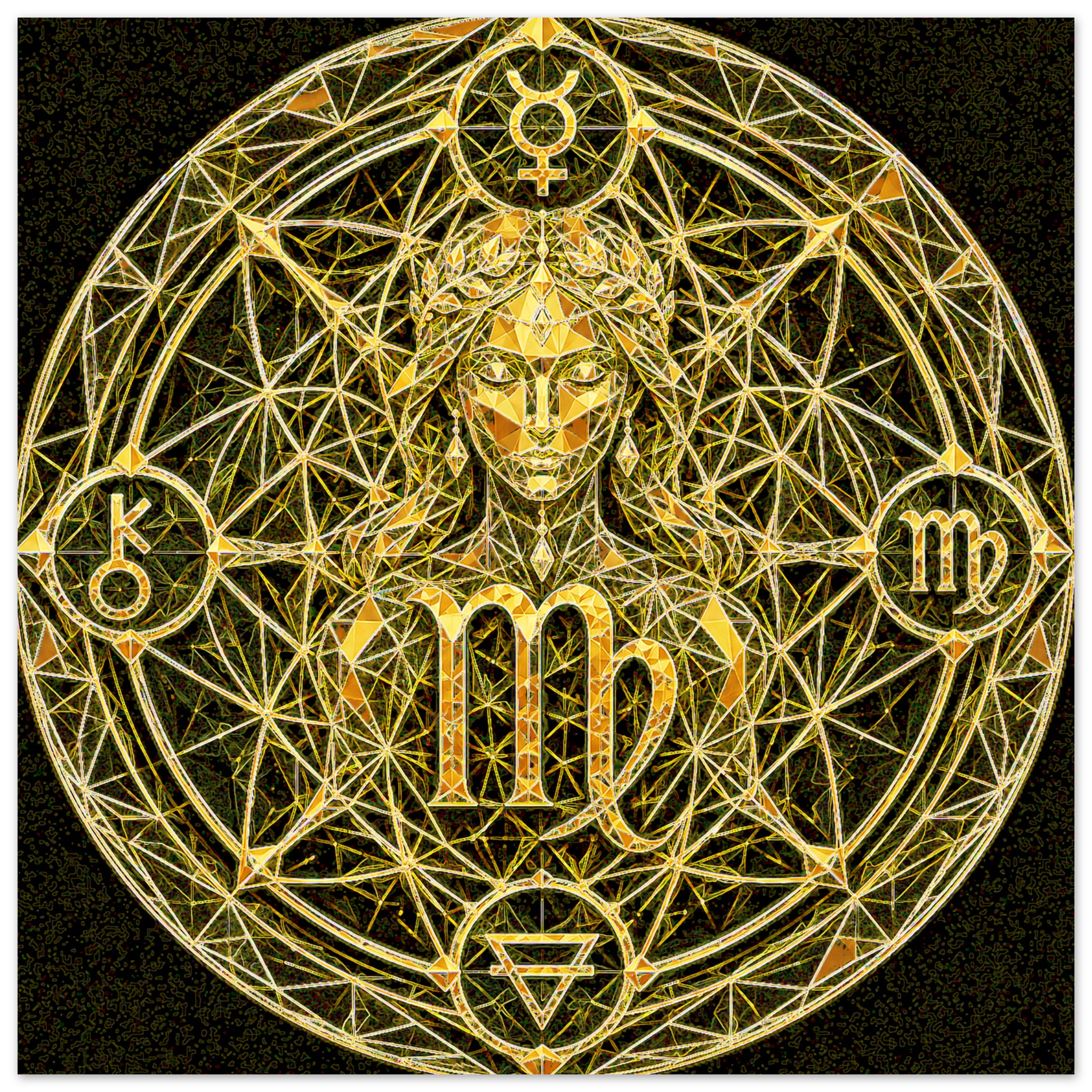 Diseño artístico Sacerdotisa Virgo con geometría sagrada y símbolo zodiacal de Virgo
